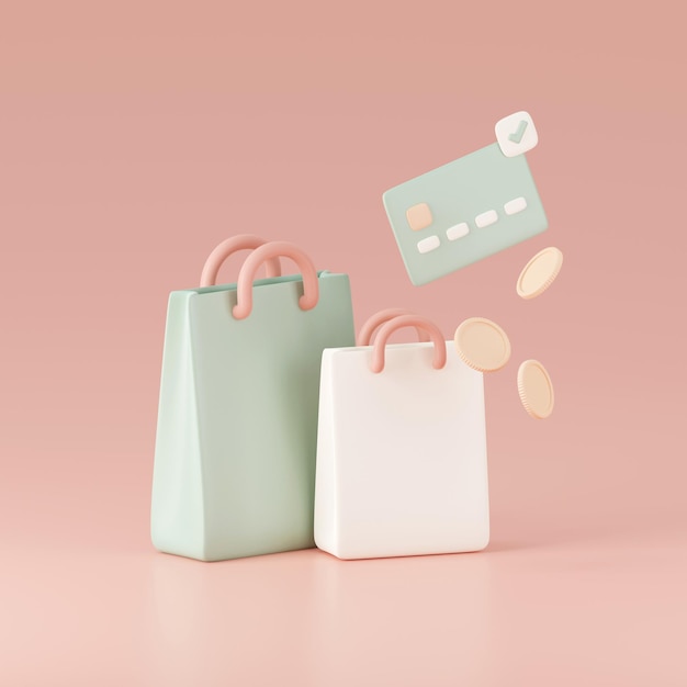 3d render of credit cards and shopping bag with coins Online payment concept