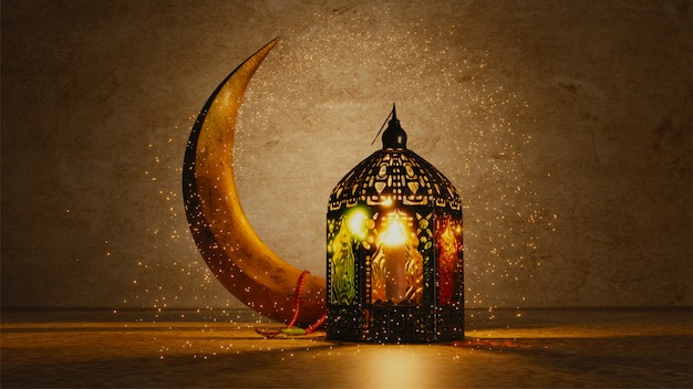 3D Render of Crescent moon and illuminated arabic lantern 