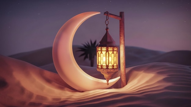 3d render of crescent moon and illuminated arabic lantern