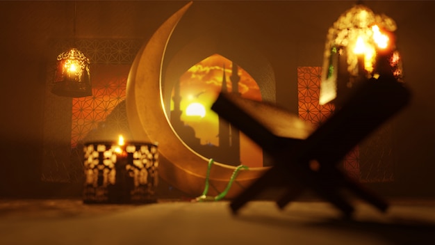 3D Render of Crescent moon, illuminated lanterns and Rehal