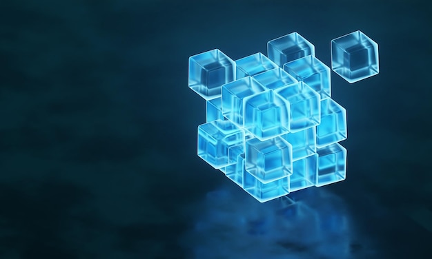 3d render cubes with blue glowing on dark background