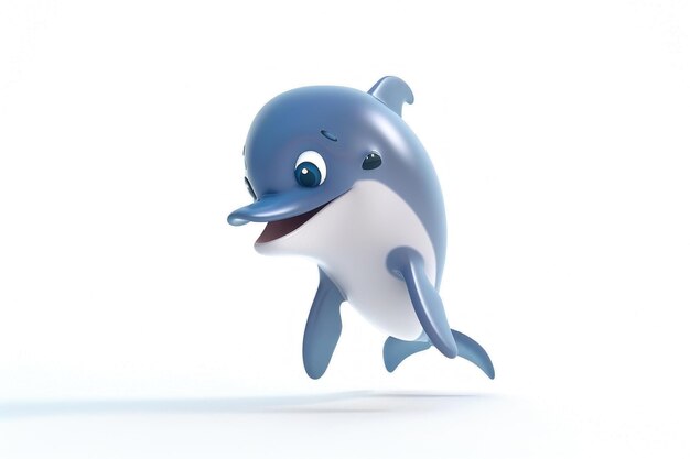 Photo 3d render of a cute cartoon smiling blue dolphin jumping isolated on white background