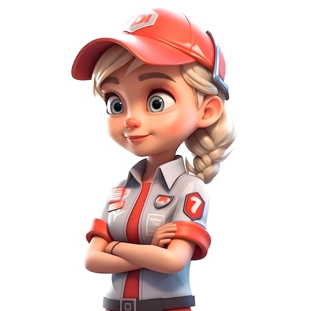 3D Render of Cute Delivery Girl with red cap and uniform