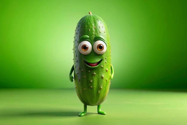 Photo a 3d render of a cute green cucumber vegetable with eyes and a smile