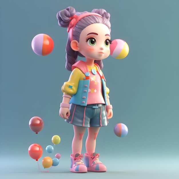 3D Render of a Cute Little Girl with Ball and Balloon