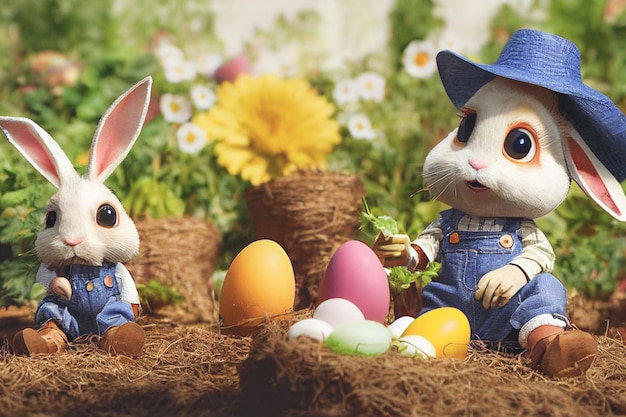 3D render cute little rabbit peasant dressed in overalls in garden full of vegetable and easter eggs