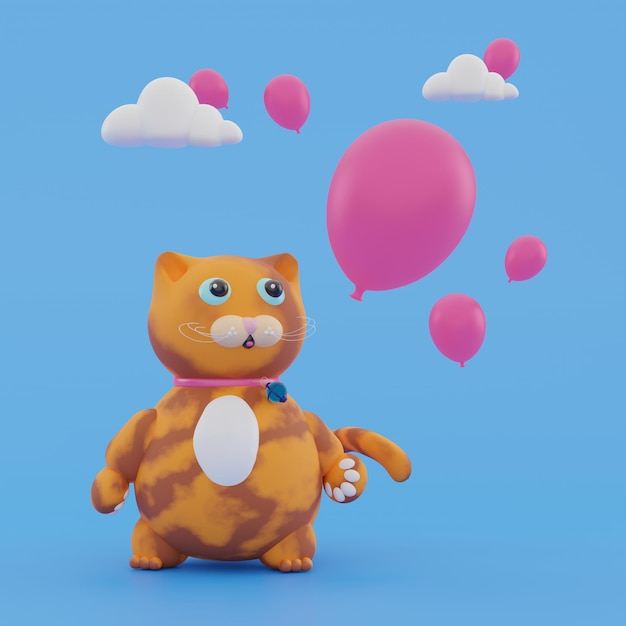 3d render cute orange color cat with pink balloons on blue background and white clouds