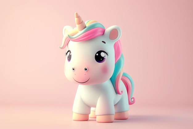 3D render of a cute unicorn with pink and blue hair big eyes and a happy face against a pastel color