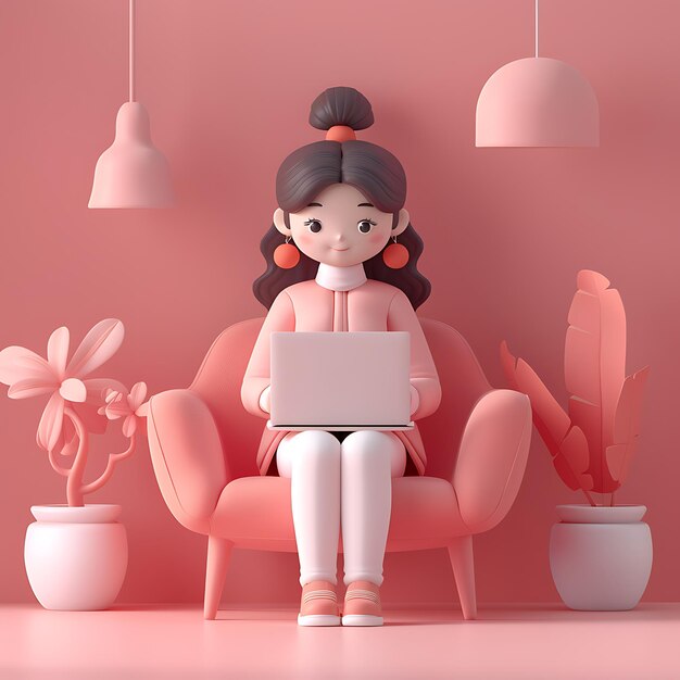 Photo 3d render of cute woman working on laptop in cozy chair