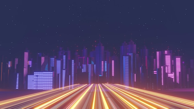 3d render of Cyber night mega city landscape scene Light glowing and reflection on dark tech scene Night life Technology network for 5g Beyond futuristic of SciFi Capital city and building scene