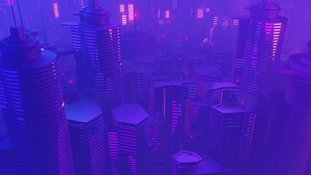 3d render of Cyber night mega city landscape scene Light glowing and reflection on dark tech scene Night life Technology network for 5g Beyond futuristic of SciFi Capital city and building scene