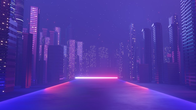 3d render of Cyber punk night city landscape concept Light glowing on dark scene Night life Technology network for 5g Beyond generation and futuristic of SciFi Capital city and building scene