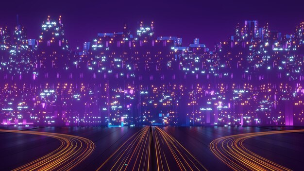 3d render of Cyber punk night city landscape concept Light glowing on dark scene Night life Technology network for 5g Beyond generation and futuristic of SciFi Capital city and building scene