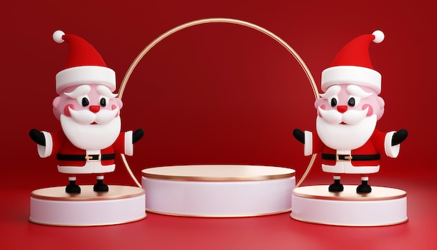 3D render cylinder podium in christmas Santa Claus and christmas tree gift boxes ribbon product perfume promotion sale presentation cosmetic on background color