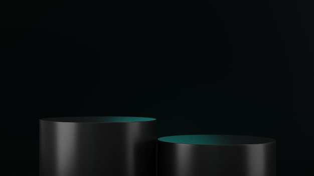 3D render of Cylinder podium with Black color on dark background platform for product presentation