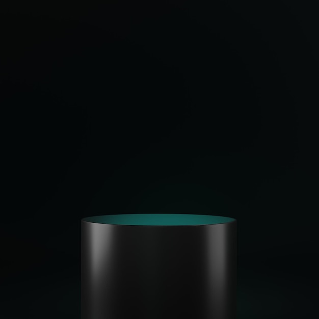 3D render of Cylinder podium with Black color on dark background platform for product presentation