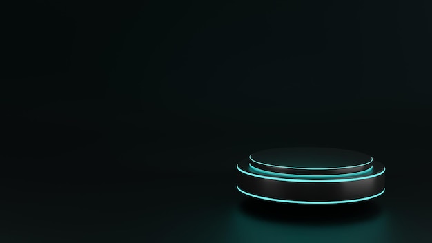 3D render of Cylinder podium with blue neon lights on dark background. 
podium for digital product