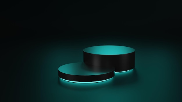 3D render of Cylinder podium with blue neon lights on dark background podium for technology product