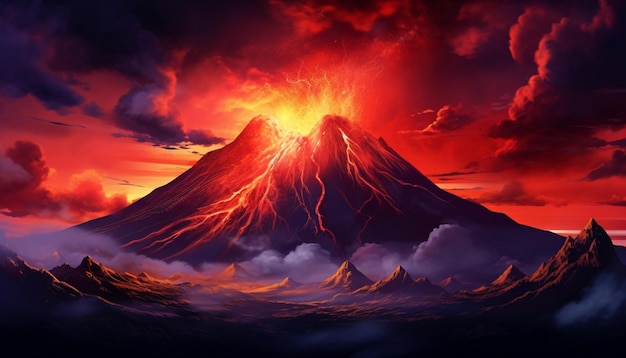 3D Render of a Dark Futuristic Natural Landscape Featuring an Explosive Volcano and NeonLit Lava