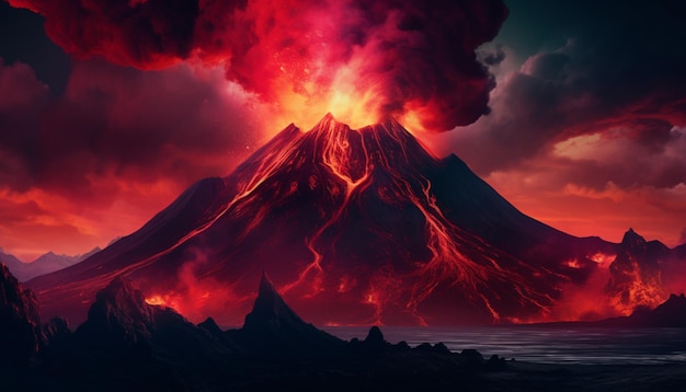 3D Render of a Dark Futuristic Natural Landscape Featuring an Explosive Volcano and NeonLit Lava