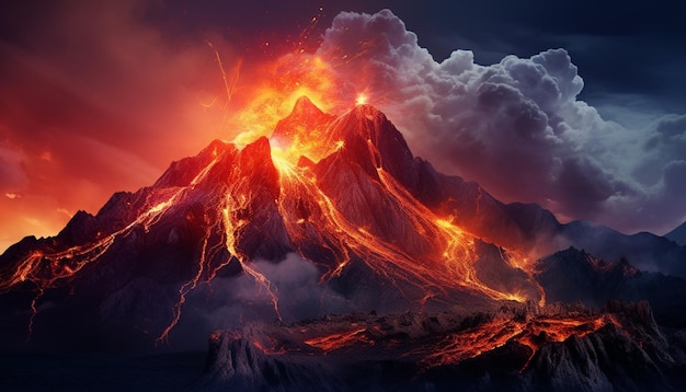 3D Render of a Dark Futuristic Natural Landscape Featuring an Explosive Volcano and NeonLit Lava