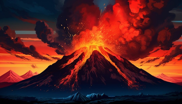 3D Render of a Dark Futuristic Natural Landscape Featuring an Explosive Volcano and NeonLit Lava