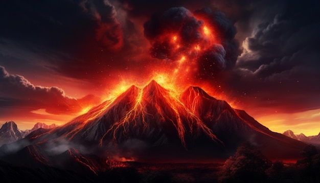 3D Render of a Dark Futuristic Natural Landscape Featuring an Explosive Volcano and NeonLit Lava