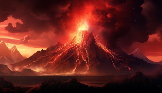 3D Render of a Dark Futuristic Natural Landscape Featuring an Explosive Volcano and NeonLit Lava