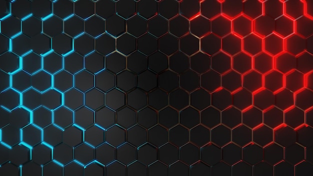 3D render Dark grey hexagon abstract technology background with blue and red colored bright lighting under hexagon