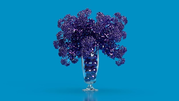 3d render decorative bouquet of metallic purple flowers in a vase on a blue background decor art