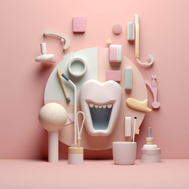 3d render of dental hygiene products on pastel pink background