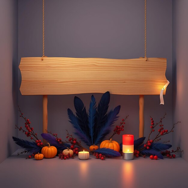 Photo 3d render of desert themed blank wooden sign board feathers berry branches small pumpkins led candle