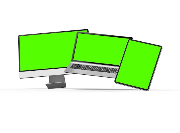 3d render of desktop laptop and tablet with green screen on a light background