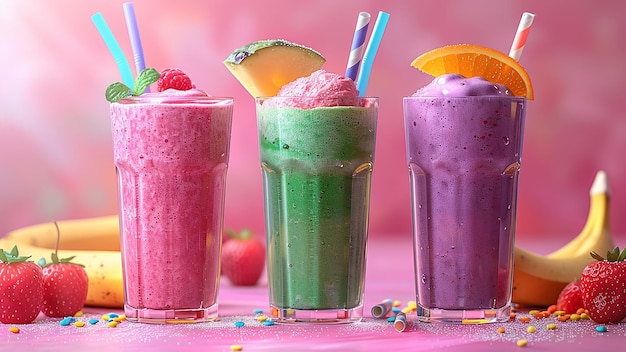 Photo 3d render different smoothies in 3 glasses with colorful straws on pink background