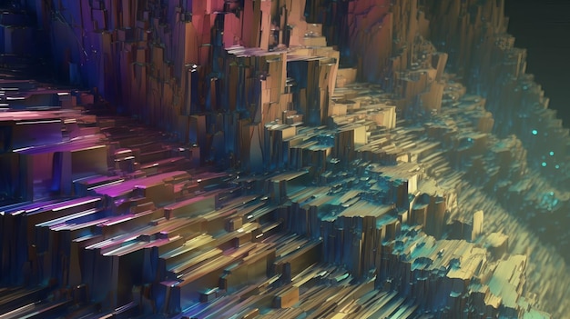 3D render digital art of iridescent bismuth rock wall