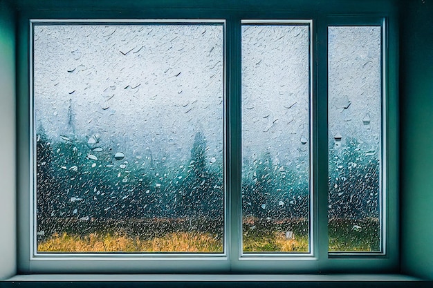 3D Render digital art painting of raining outside the window with selective focused and blurred