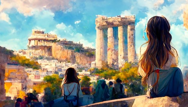 3D Render digital art painting of Traveler girl enjoying vacations in Greece.