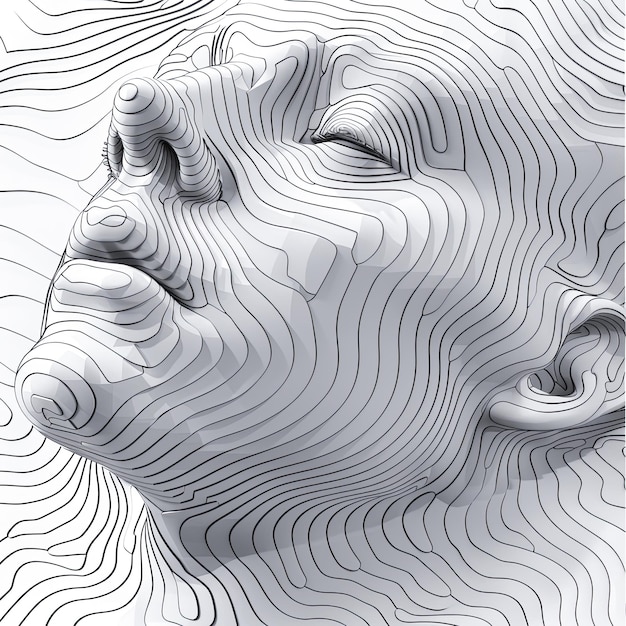 Photo 3d render digital art topography lines contour map human face portrait abstract background white black minimalist lines waves futuristic modern design wallpaper