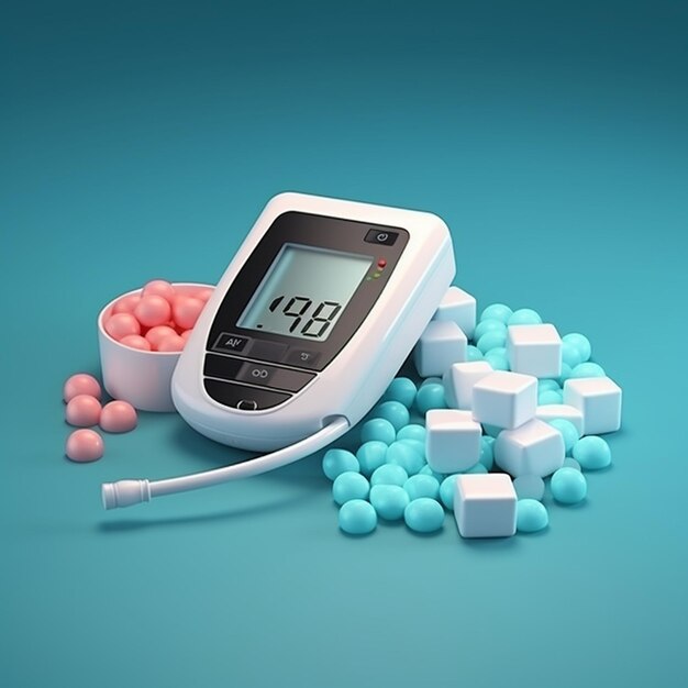 3D render of a digital glucometer with sugar cubes nearby