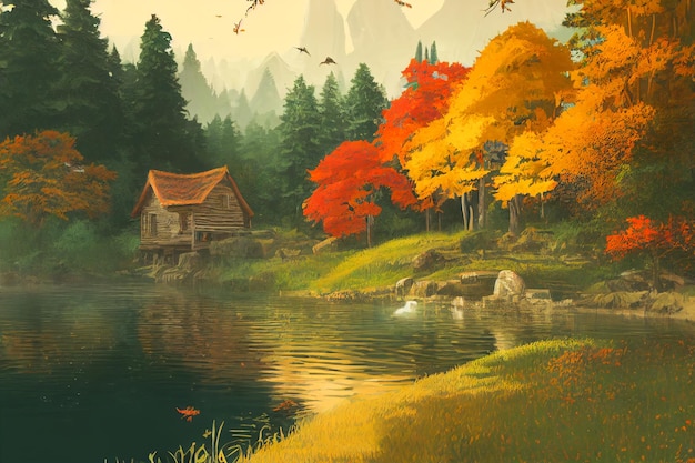 3D render digital painting of cabin near a river in the redwood forest