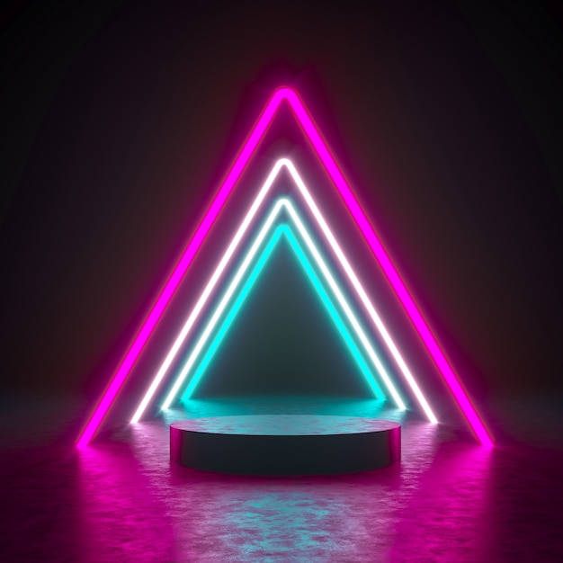 3d render display ongeometry shape podium with neon wall for product. 