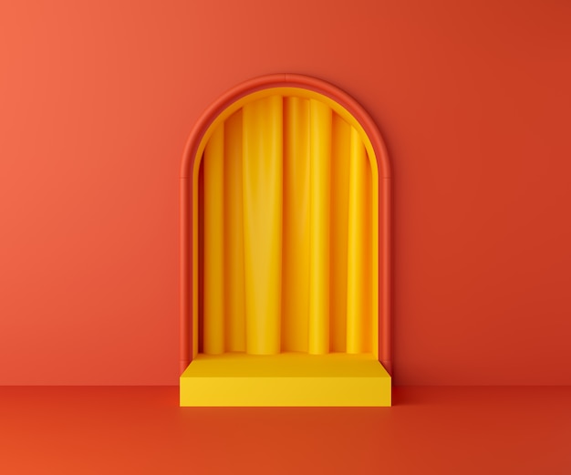 3d render display on yellow color podium and orange wall for product 