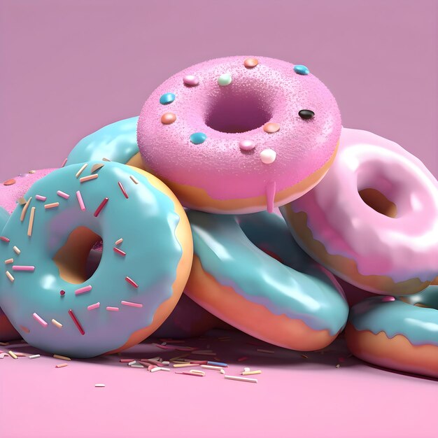 3d render of donuts with sprinkles on a pink background