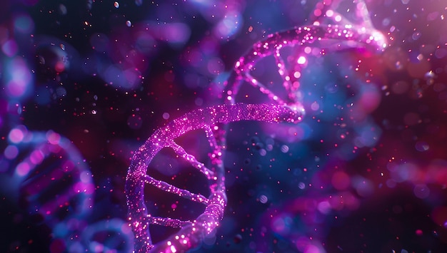 3D Render of Double Helix DNA Structure Pink and Purple Colors Glowing Particles and Bokeh Effect