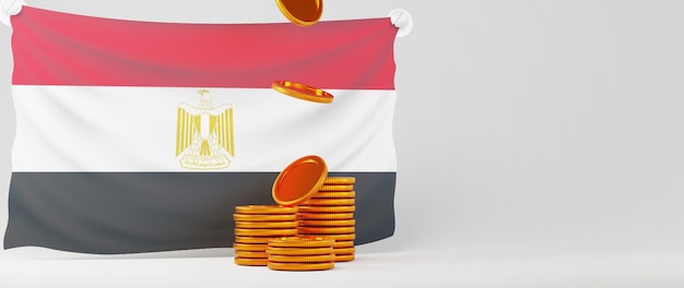 3D render of Egypt flag and golden coin. Business online and e-commerce on web shopping concept. Secure online payment transaction with smartphone.