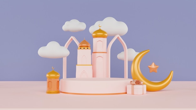 3d render eid murabak with mosque, moon and clouds on half blue and pink background