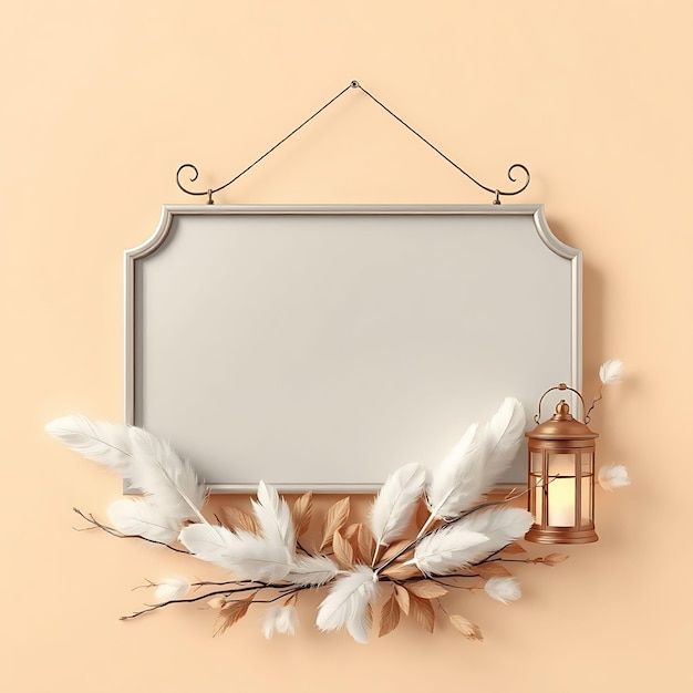 3D Render of Elegant Blank Metal Sign Board Feathers Dried Leaves Inspired Floral DecorationsT