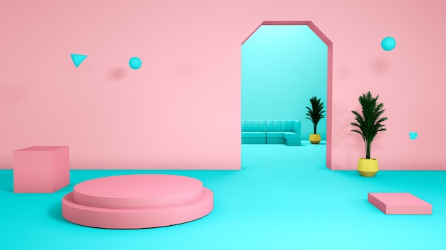 3d render Elegant minimal with pink podium door in the background sofa for display product