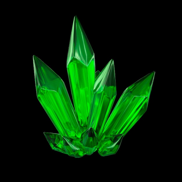 3D render emerald green crystal on black background gems natural nuggets mysterious accessories