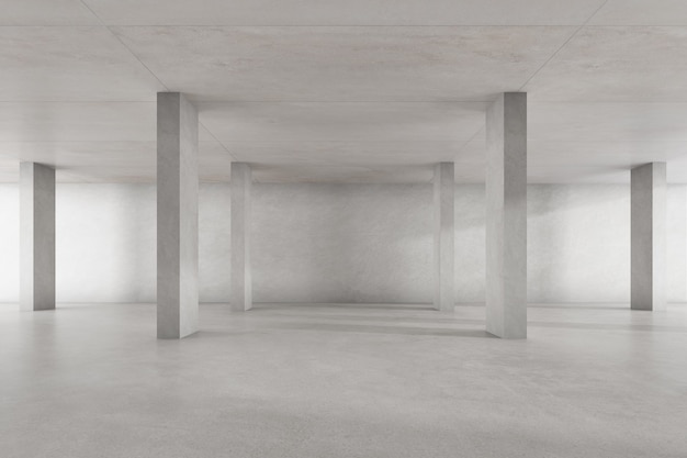 3d render of empty concrete room with large structure on white background.